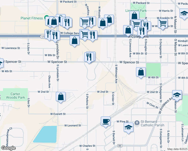 map of restaurants, bars, coffee shops, grocery stores, and more near 23 Spencer Village Court in Appleton