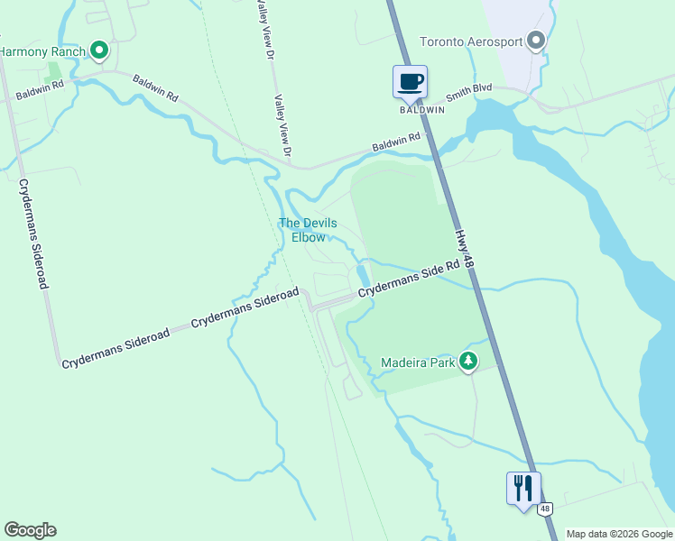map of restaurants, bars, coffee shops, grocery stores, and more near 285 Crydermans Sideroad in Georgina