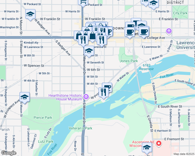 map of restaurants, bars, coffee shops, grocery stores, and more near 524 West 5th Street in Appleton