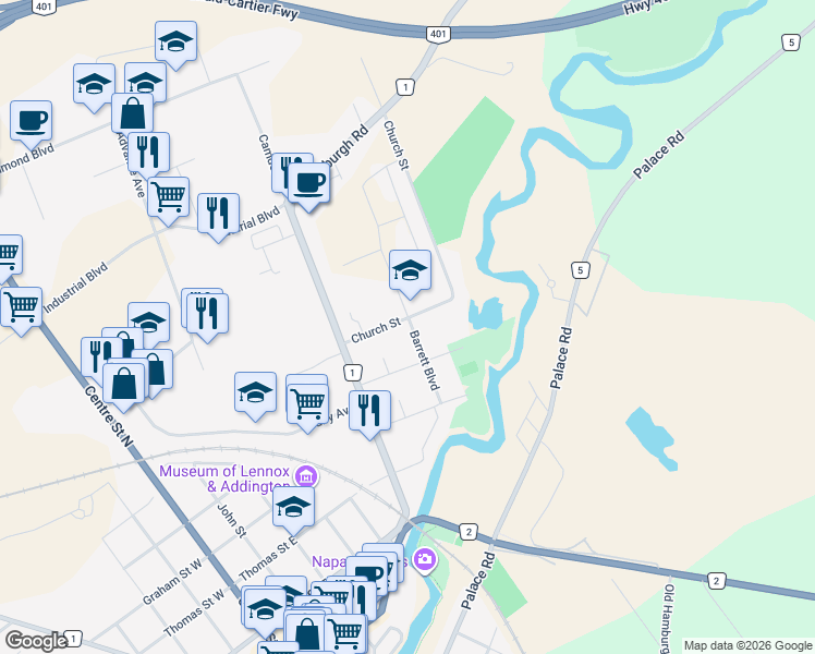 map of restaurants, bars, coffee shops, grocery stores, and more near 235 Church Street in Napanee