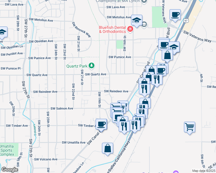 map of restaurants, bars, coffee shops, grocery stores, and more near 2013 Southwest Canyon Drive in Redmond