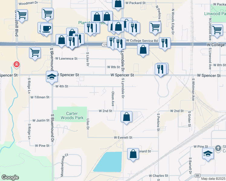 map of restaurants, bars, coffee shops, grocery stores, and more near 2701 West 4th Street in Appleton