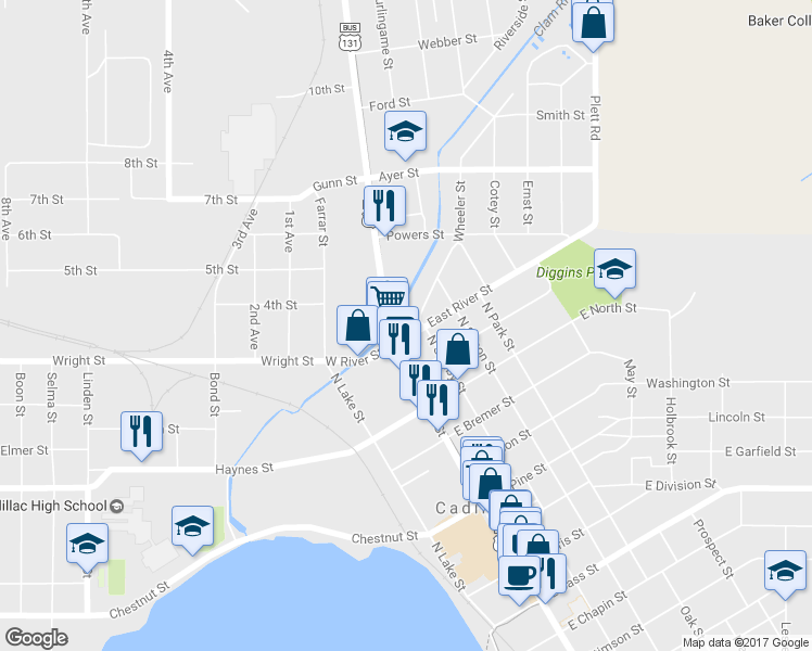map of restaurants, bars, coffee shops, grocery stores, and more near 802 North Mitchell Street in Cadillac