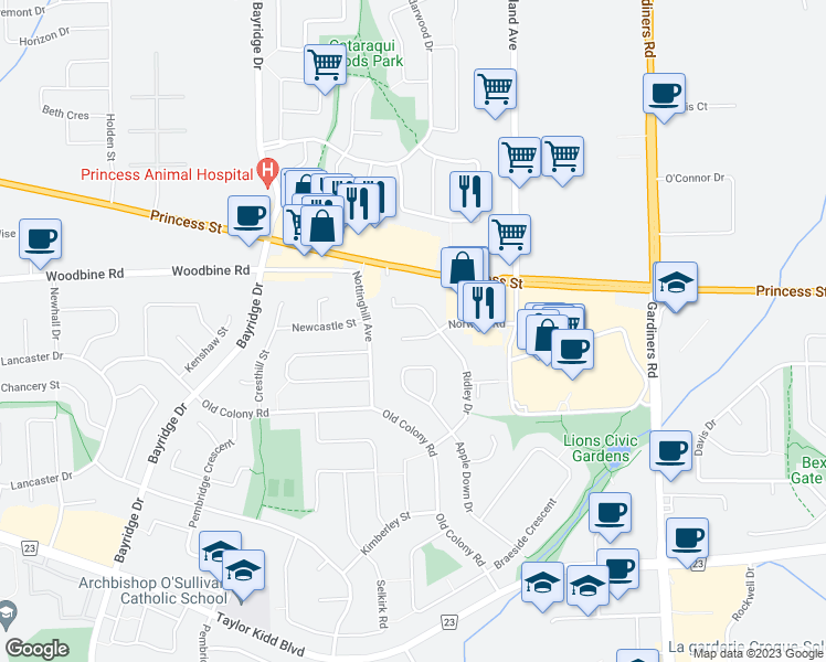 map of restaurants, bars, coffee shops, grocery stores, and more near 872 Beaconhill Court in Kingston