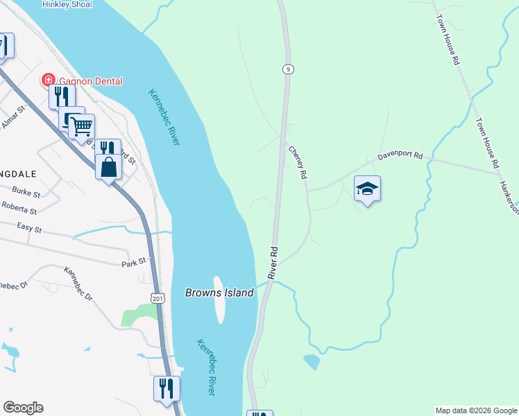 map of restaurants, bars, coffee shops, grocery stores, and more near 585 River Road in Chelsea