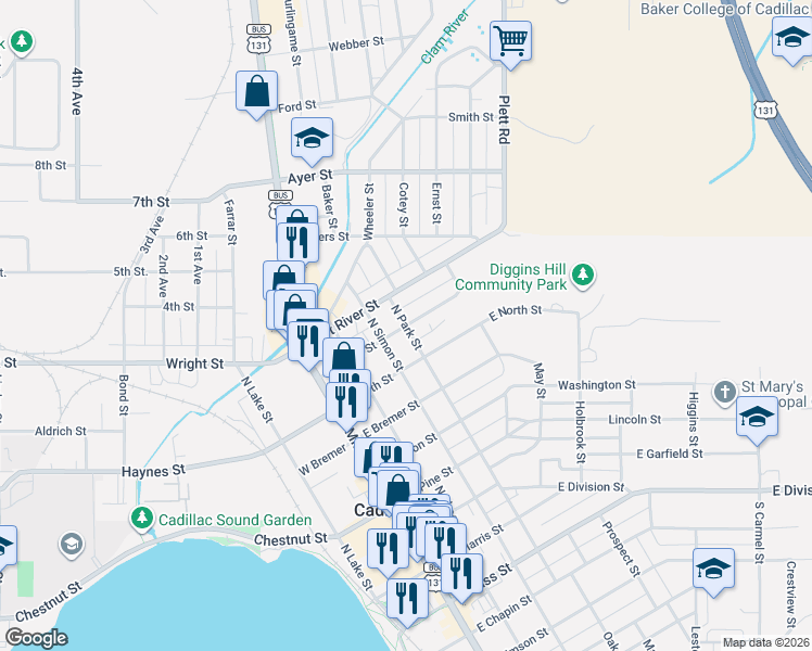 map of restaurants, bars, coffee shops, grocery stores, and more near 400 Crippen Street in Cadillac