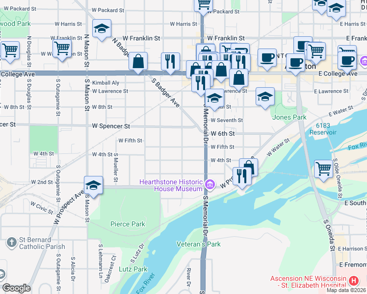 map of restaurants, bars, coffee shops, grocery stores, and more near West 5th Street in Appleton