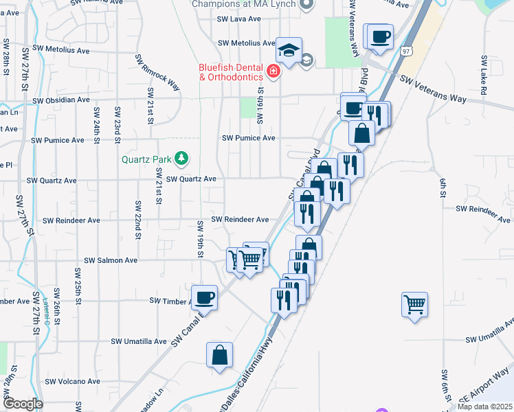 map of restaurants, bars, coffee shops, grocery stores, and more near 1601 Southwest Reindeer Avenue in Redmond