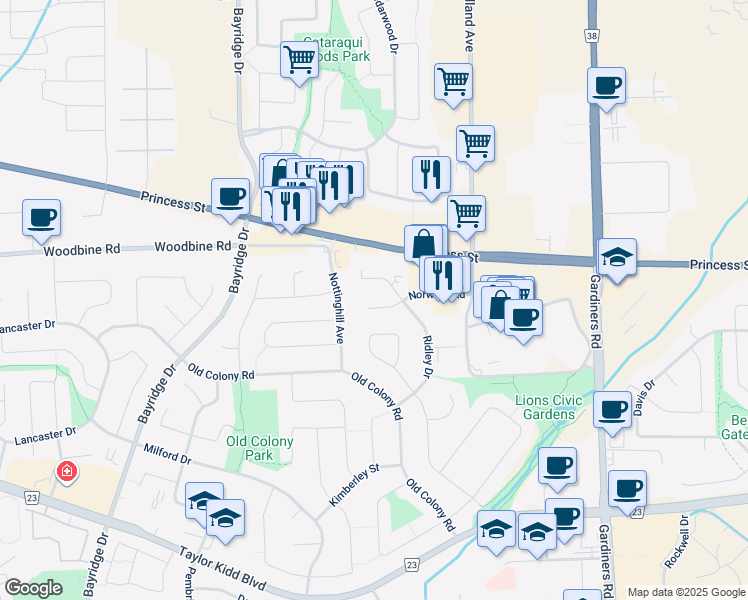 map of restaurants, bars, coffee shops, grocery stores, and more near 872 Beaconhill Court in Kingston