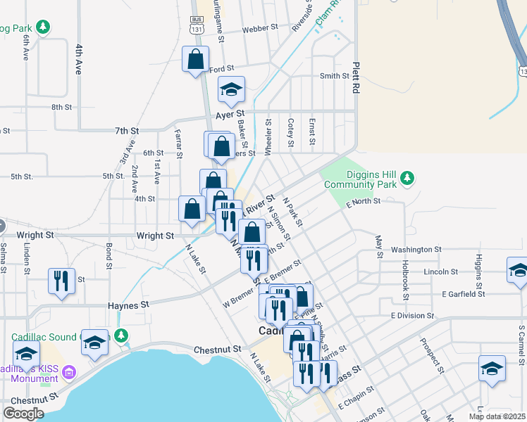 map of restaurants, bars, coffee shops, grocery stores, and more near 201-299 East River Street in Cadillac