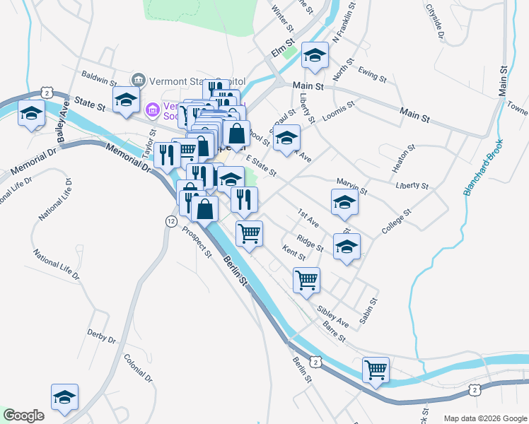 map of restaurants, bars, coffee shops, grocery stores, and more near 78 Hubbard Street in Montpelier