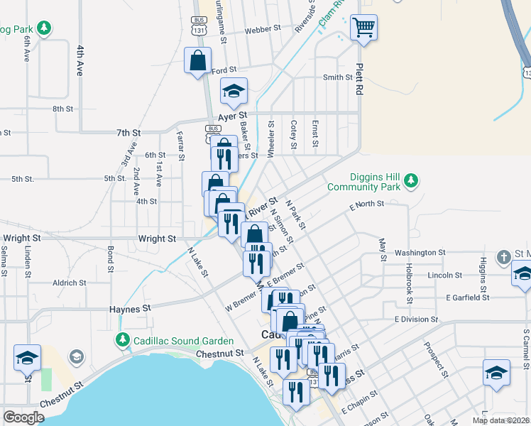 map of restaurants, bars, coffee shops, grocery stores, and more near 201-299 East River Street in Cadillac