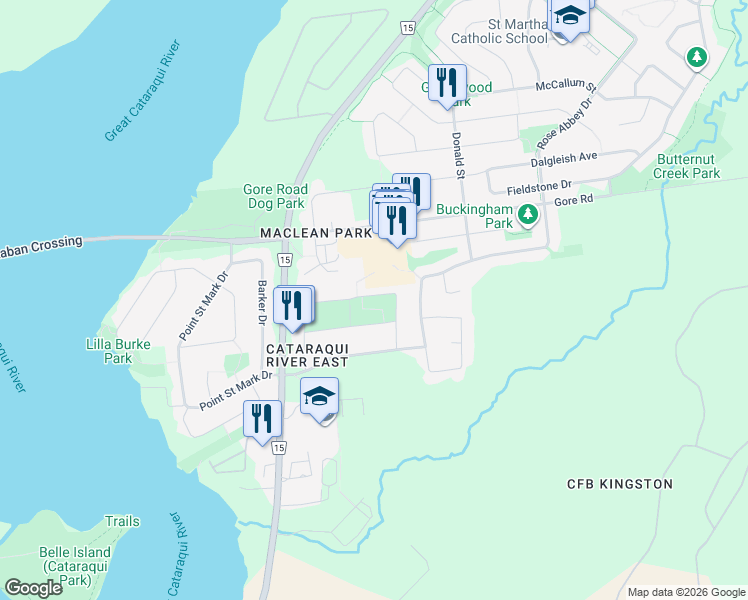 map of restaurants, bars, coffee shops, grocery stores, and more near 69 Windfield Crescent in Kingston