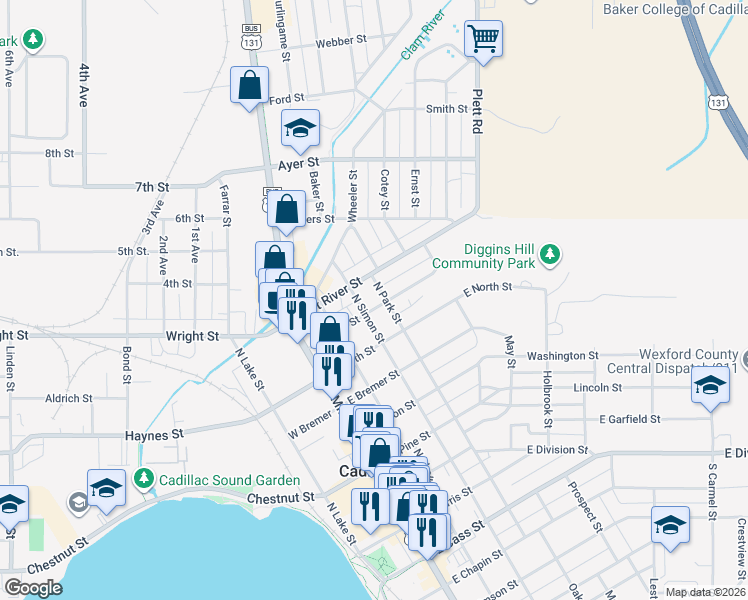 map of restaurants, bars, coffee shops, grocery stores, and more near 700-718 North Park Street in Cadillac