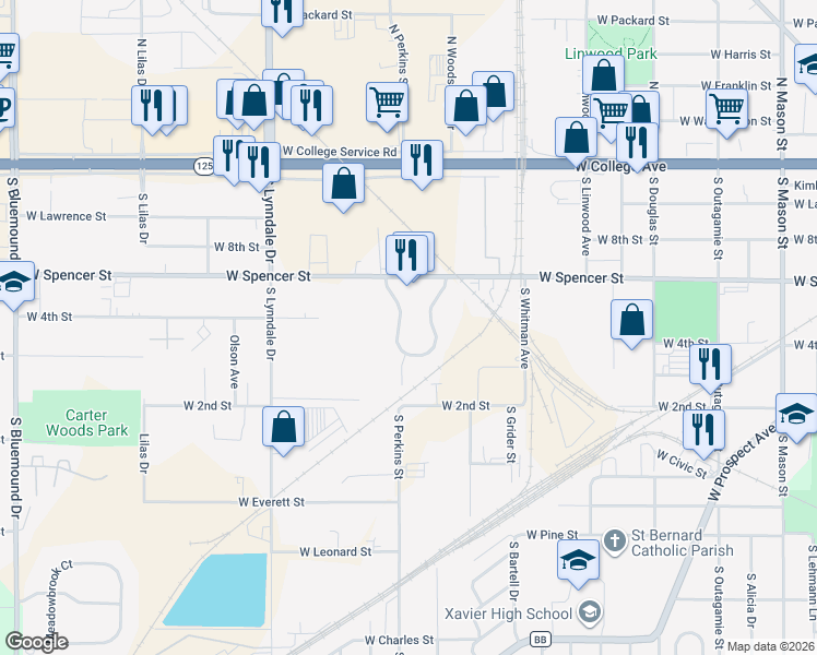 map of restaurants, bars, coffee shops, grocery stores, and more near 23 Spencer Village Court in Appleton