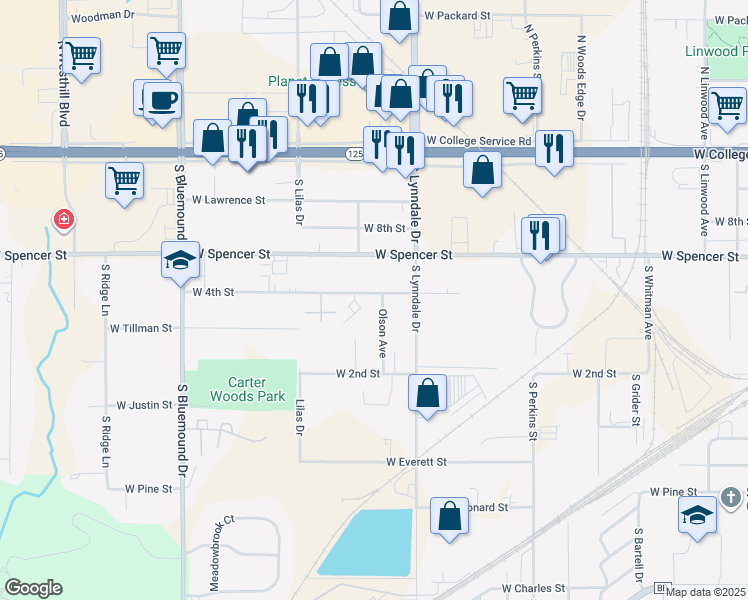 map of restaurants, bars, coffee shops, grocery stores, and more near 2701 West 4th Street in Appleton