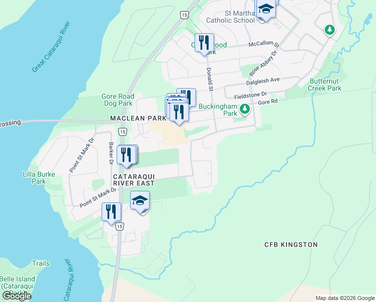 map of restaurants, bars, coffee shops, grocery stores, and more near 102 Grenadier Drive in Kingston