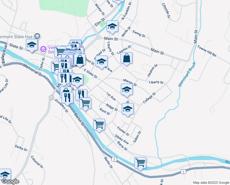 map of restaurants, bars, coffee shops, grocery stores, and more near 79 East State Street in Montpelier
