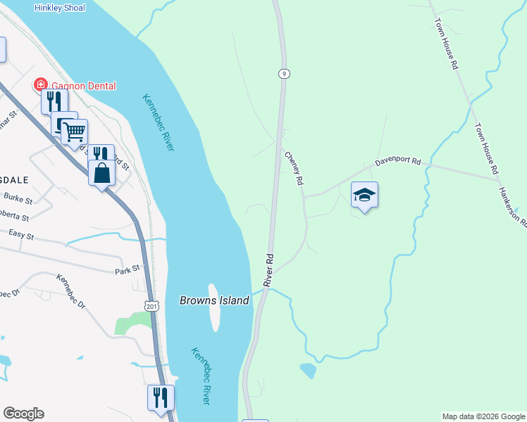 map of restaurants, bars, coffee shops, grocery stores, and more near 585 River Road in Chelsea