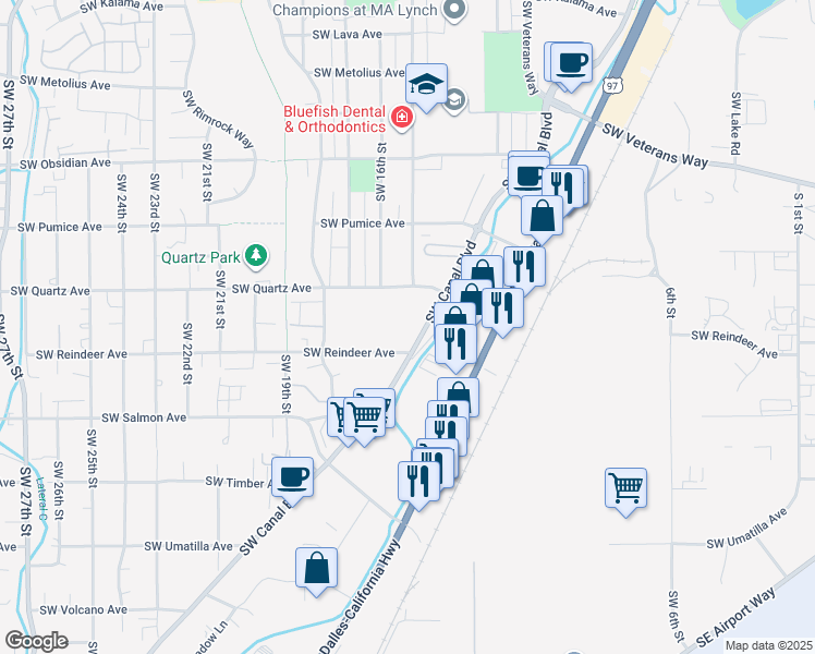 map of restaurants, bars, coffee shops, grocery stores, and more near 1575 Southwest Reindeer Avenue in Redmond