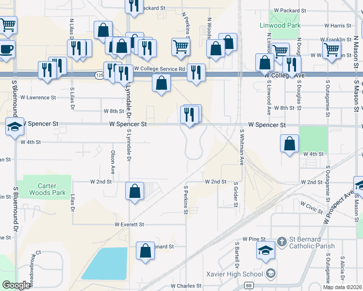 map of restaurants, bars, coffee shops, grocery stores, and more near 81 Spencer Village Court in Appleton