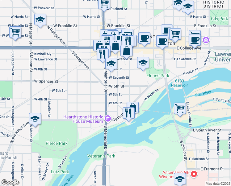 map of restaurants, bars, coffee shops, grocery stores, and more near 523 South State Street in Appleton