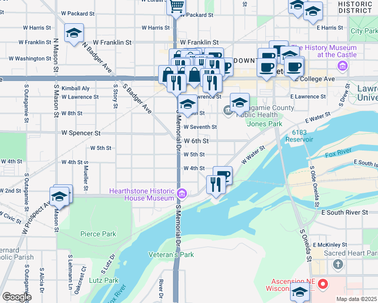 map of restaurants, bars, coffee shops, grocery stores, and more near 614 West 5th Street in Appleton
