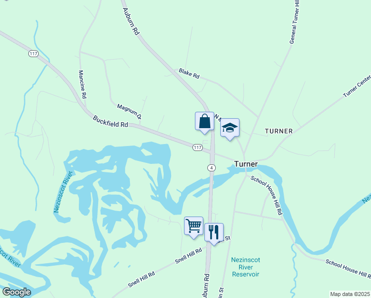 map of restaurants, bars, coffee shops, grocery stores, and more near 28 Buckfield Road in Turner
