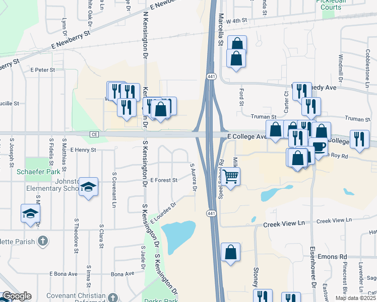 map of restaurants, bars, coffee shops, grocery stores, and more near 3412 East Canary Street in Appleton