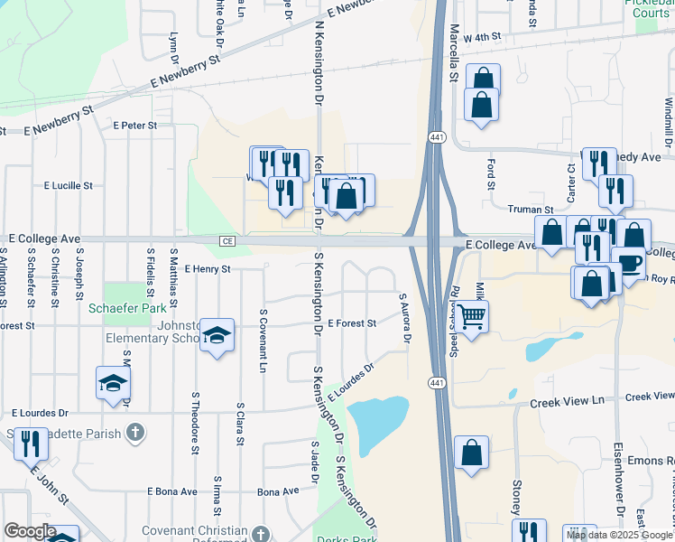 map of restaurants, bars, coffee shops, grocery stores, and more near 3208 East Canary Street in Appleton