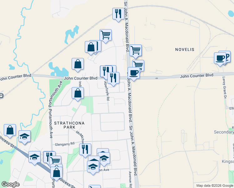 map of restaurants, bars, coffee shops, grocery stores, and more near 28 Rosemund Crescent in Kingston