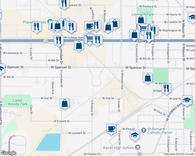 map of restaurants, bars, coffee shops, grocery stores, and more near 23 Spencer Village Court in Appleton