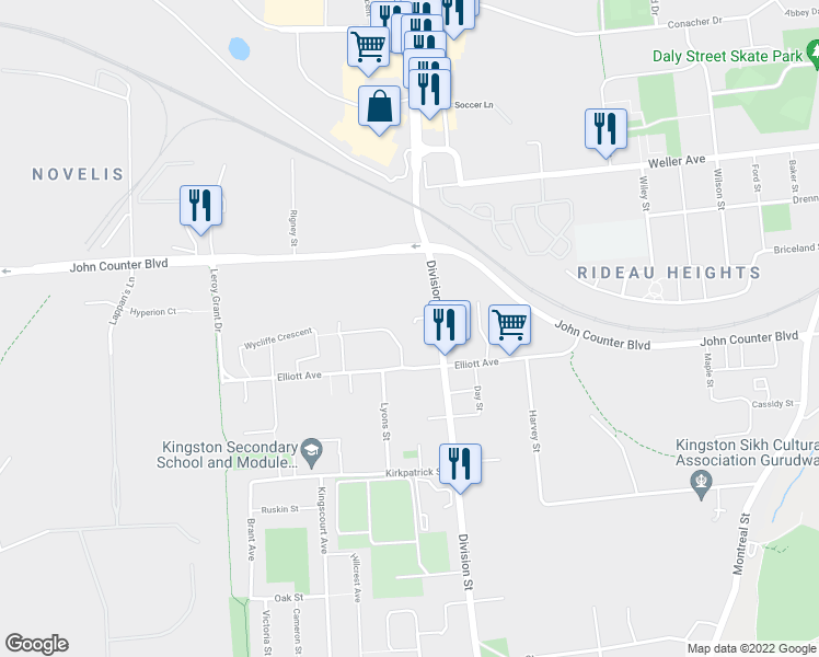 map of restaurants, bars, coffee shops, grocery stores, and more near 20 Armadale Place in Kingston