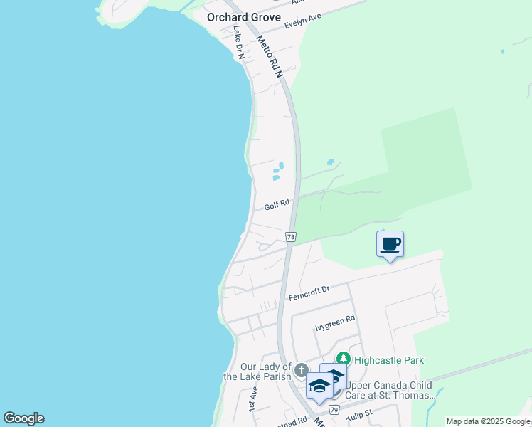 map of restaurants, bars, coffee shops, grocery stores, and more near 293 Golf Road in Georgina