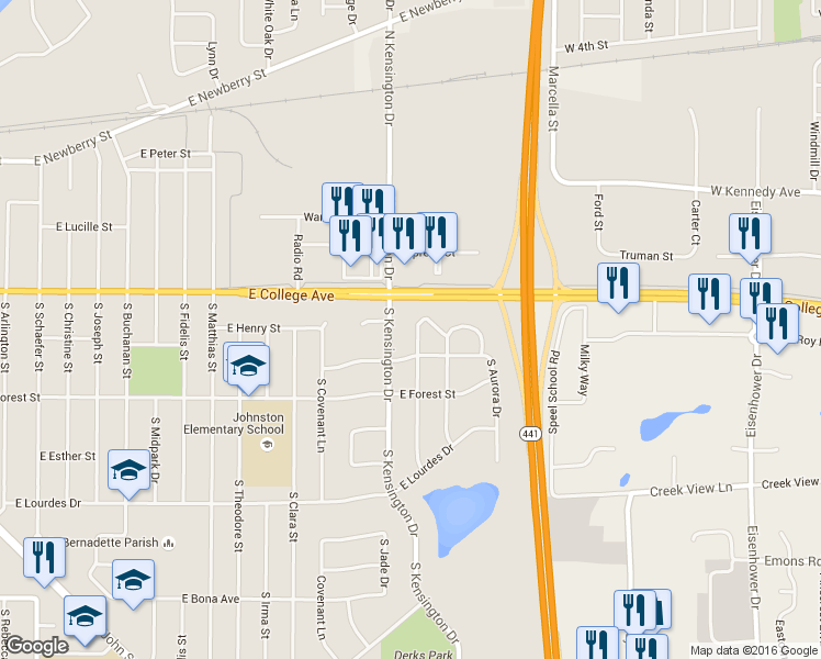 map of restaurants, bars, coffee shops, grocery stores, and more near 3208 East Canary Street in Appleton