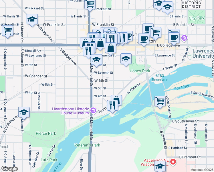 map of restaurants, bars, coffee shops, grocery stores, and more near 524 West 5th Street in Appleton