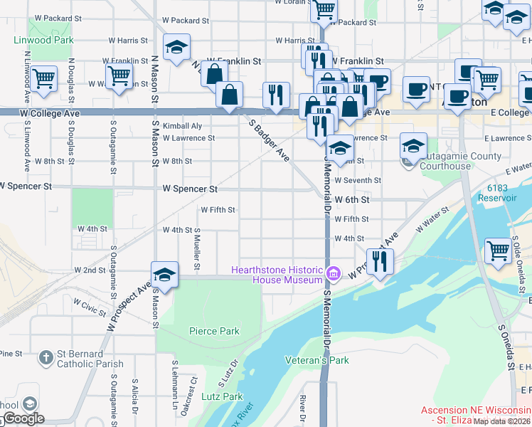 map of restaurants, bars, coffee shops, grocery stores, and more near 840 W 5th St in Appleton