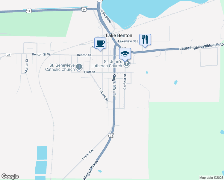 map of restaurants, bars, coffee shops, grocery stores, and more near 218 Fremont Street South in Lake Benton