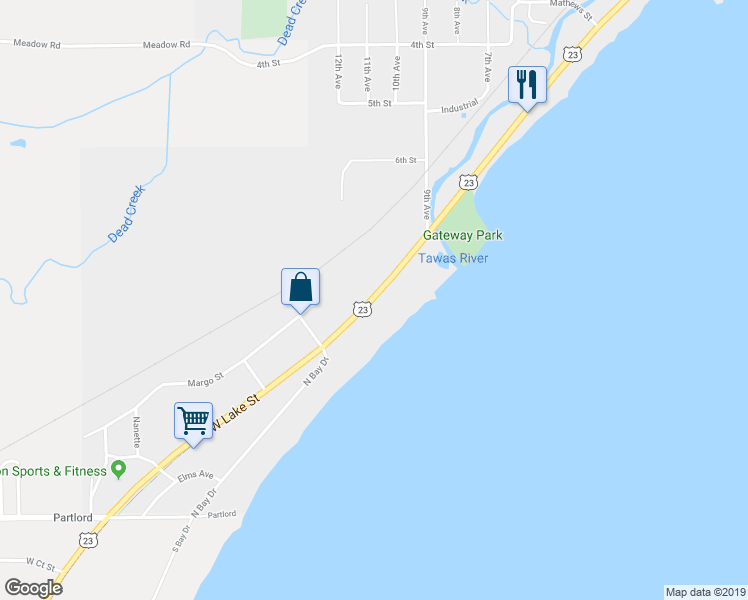 map of restaurants, bars, coffee shops, grocery stores, and more near 1008 West Lake Street in Tawas City