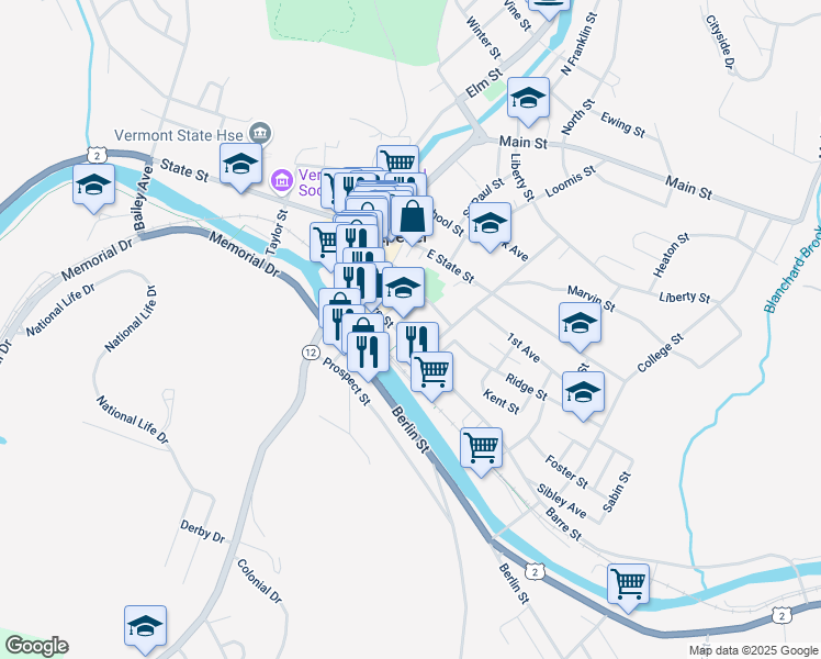 map of restaurants, bars, coffee shops, grocery stores, and more near 58 Barre Street in Montpelier