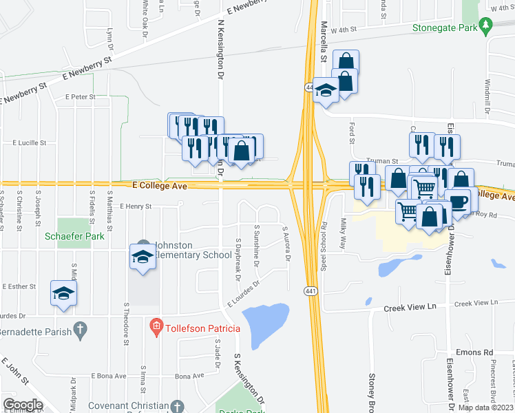 map of restaurants, bars, coffee shops, grocery stores, and more near 3300 East Canary Street in Appleton