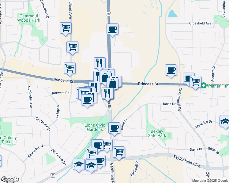 map of restaurants, bars, coffee shops, grocery stores, and more near 2511 Princess Street in Kingston