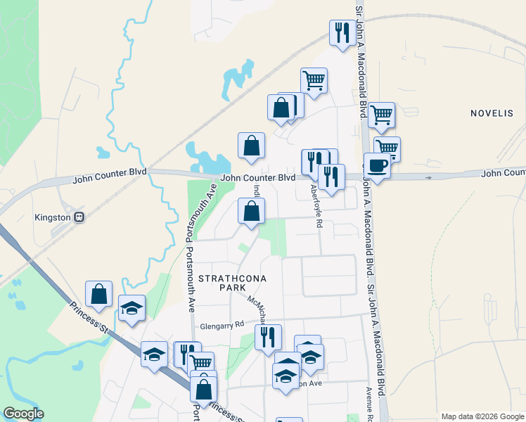 map of restaurants, bars, coffee shops, grocery stores, and more near 269 Indian Road in Kingston
