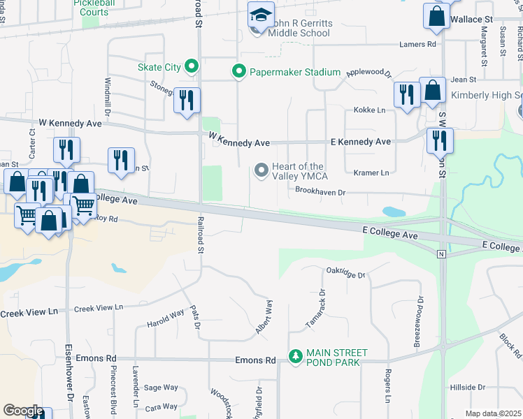 map of restaurants, bars, coffee shops, grocery stores, and more near CE Trail in Appleton
