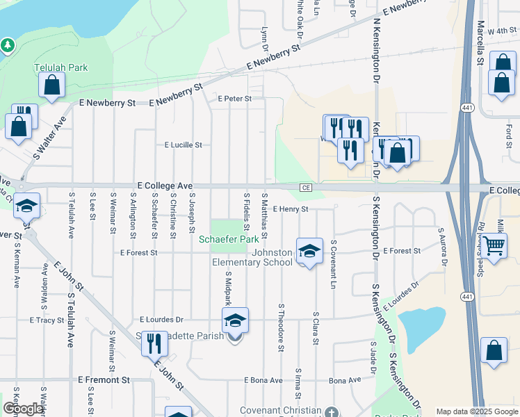 map of restaurants, bars, coffee shops, grocery stores, and more near 2600 East Henry Street in Appleton