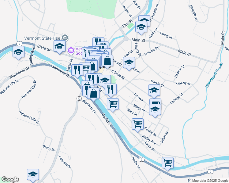 map of restaurants, bars, coffee shops, grocery stores, and more near 78 Hubbard Street in Montpelier