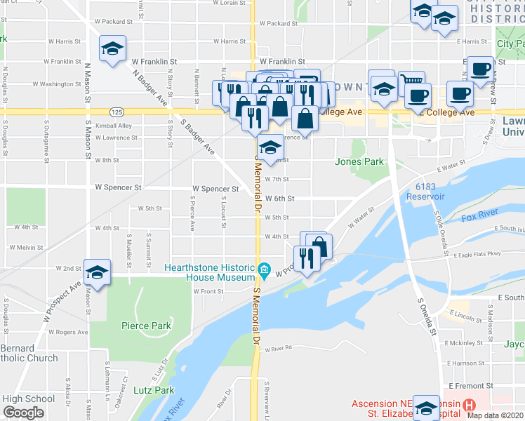 map of restaurants, bars, coffee shops, grocery stores, and more near 614 West 5th Street in Appleton