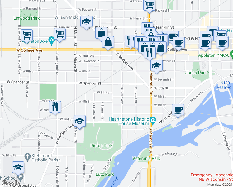 map of restaurants, bars, coffee shops, grocery stores, and more near 514 South Story Street in Appleton