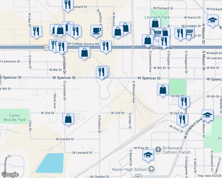 map of restaurants, bars, coffee shops, grocery stores, and more near 2015 West Spencer Street in Appleton