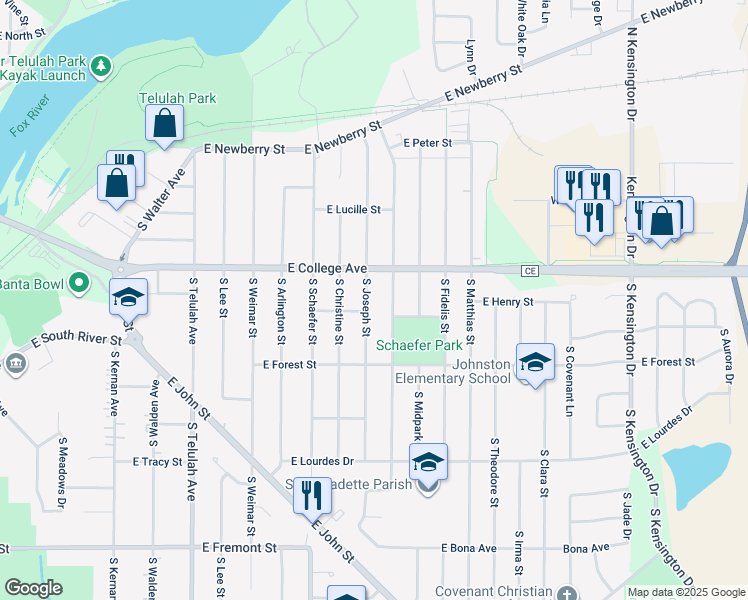 map of restaurants, bars, coffee shops, grocery stores, and more near 514 South Joseph Street in Appleton
